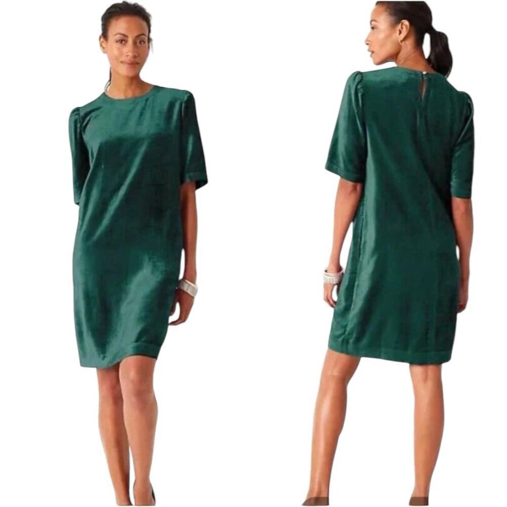 NWT J. Jill Puff Sleeve Velvet Shift Mini Dress Hunter Green Women's Size SP